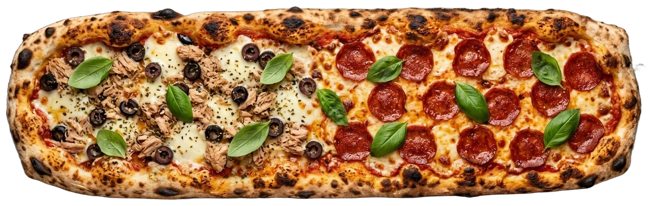 Une pizza d'un mètre, moitié thon et olives, moitié pepperoni