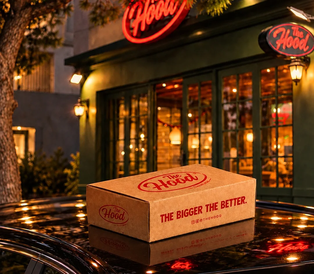 Une box The Hood sur le toit d'une voiture devant la boutique, de nuit