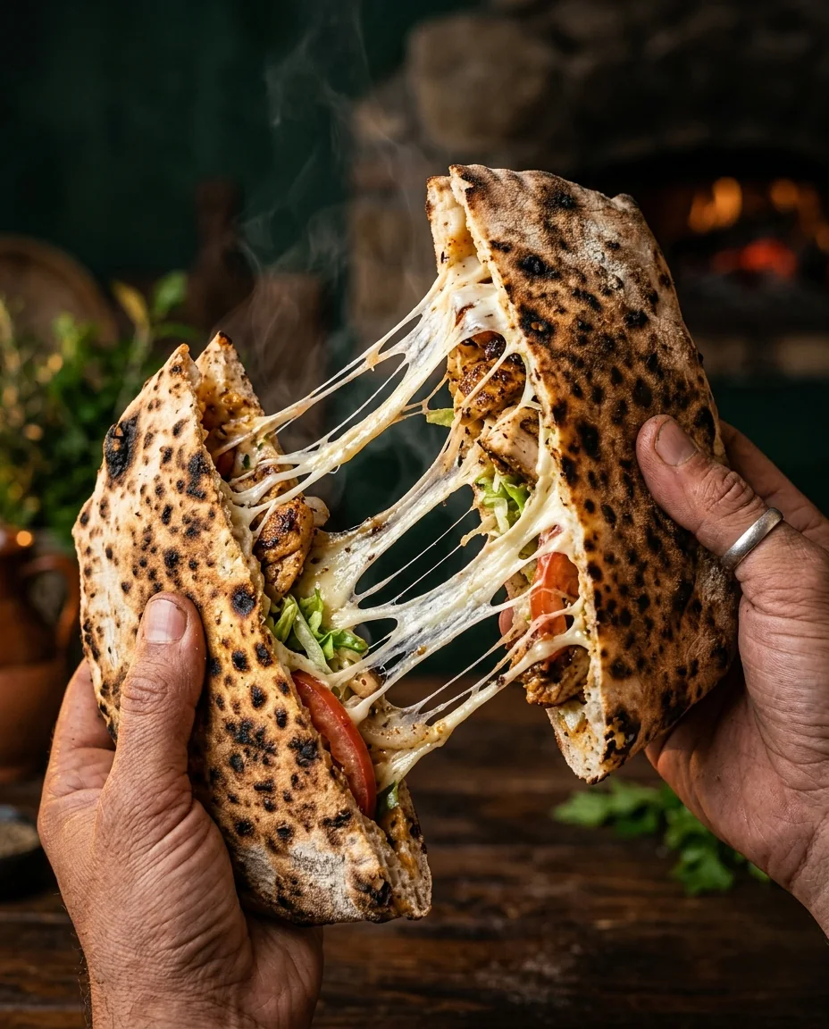 Un makloub au feu de bois qu'on ouvre en deux, la mozzarella file